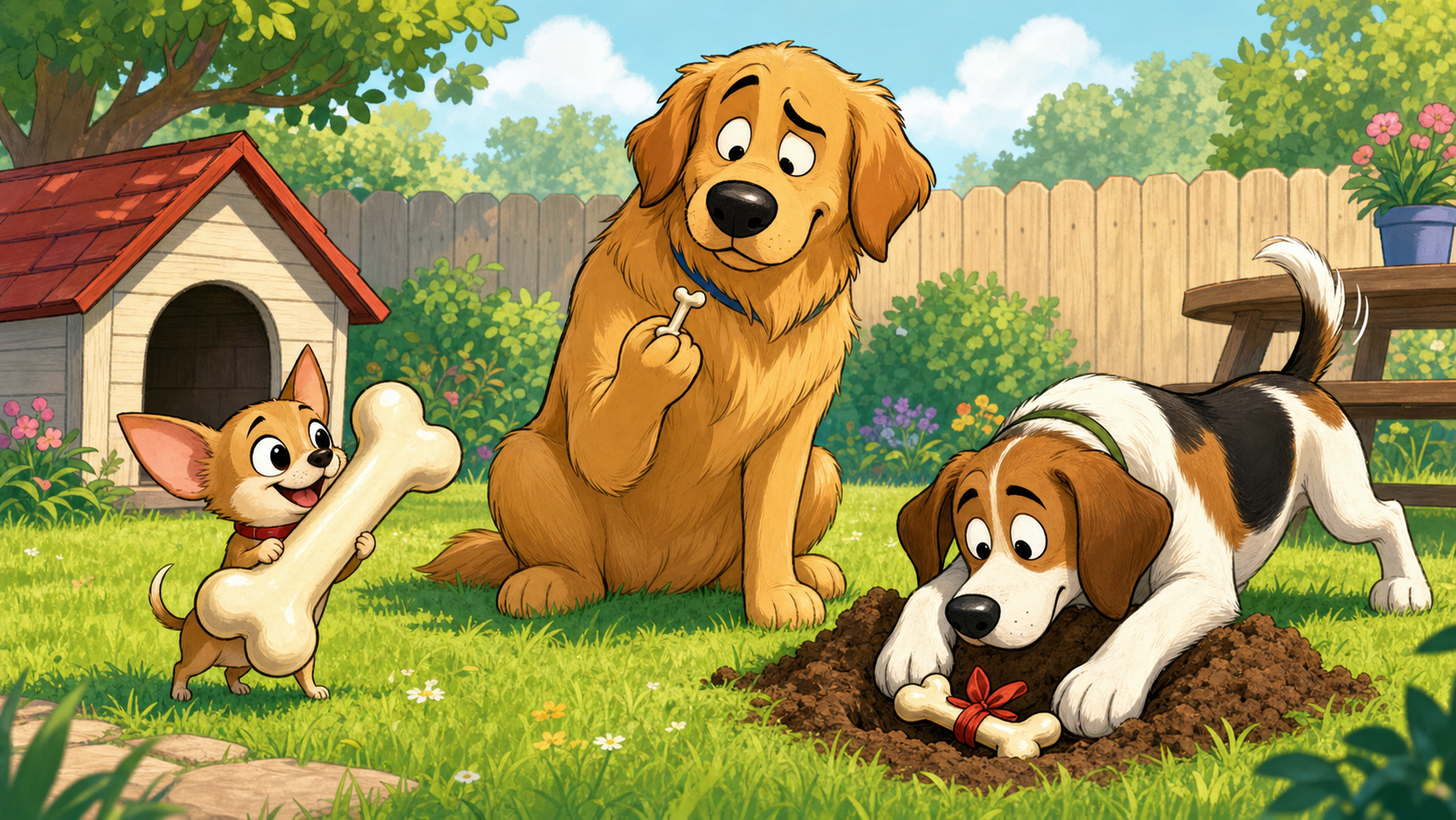 Cartoon of three cheerful dogs in a backyard comparing bones, with one tiny dog holding a giant bone and another dog burying a bone.