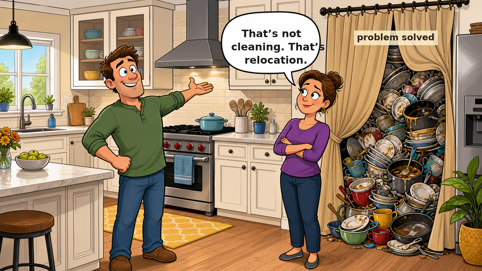 Cartoon of a proud husband in a spotless kitchen while his wife points out a huge pile of dirty dishes hidden behind a curtain labeled problem solved.